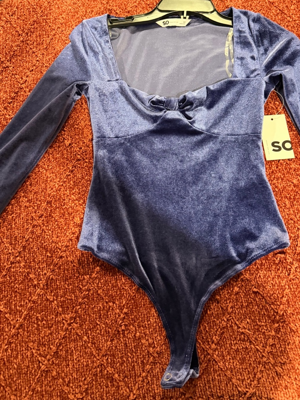 SO Velvet Long-Sleeve One-Piece Bodysuit in Navy Blue
